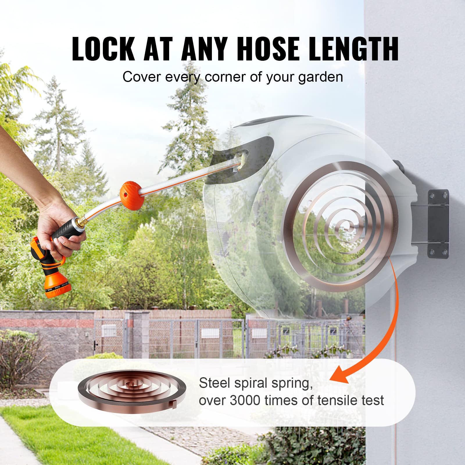 VEVOR retractable hose reel auto-rewind system delivers smooth, slow retraction