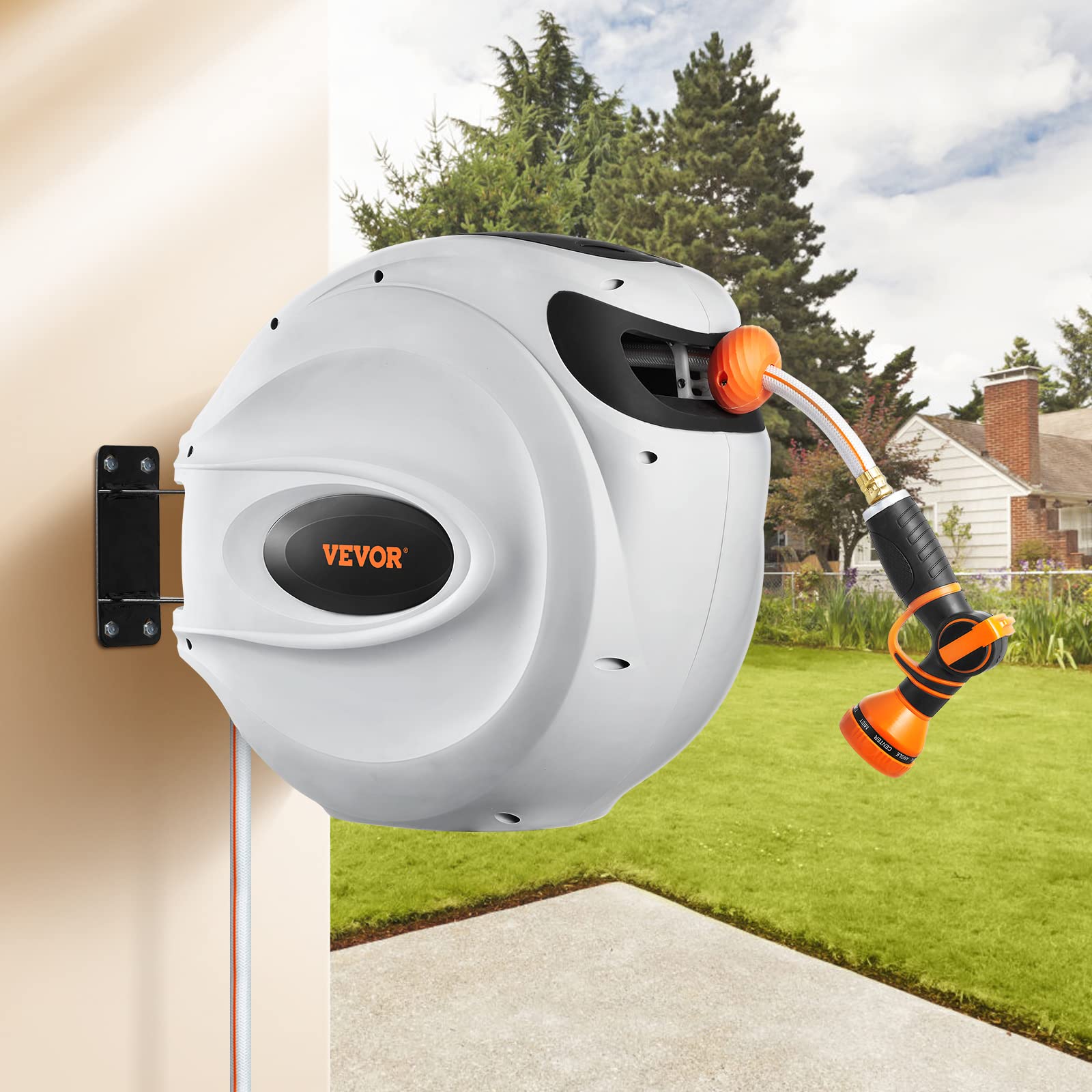 VEVOR retractable hose reel lock-at-length feature secures hose at chosen distance