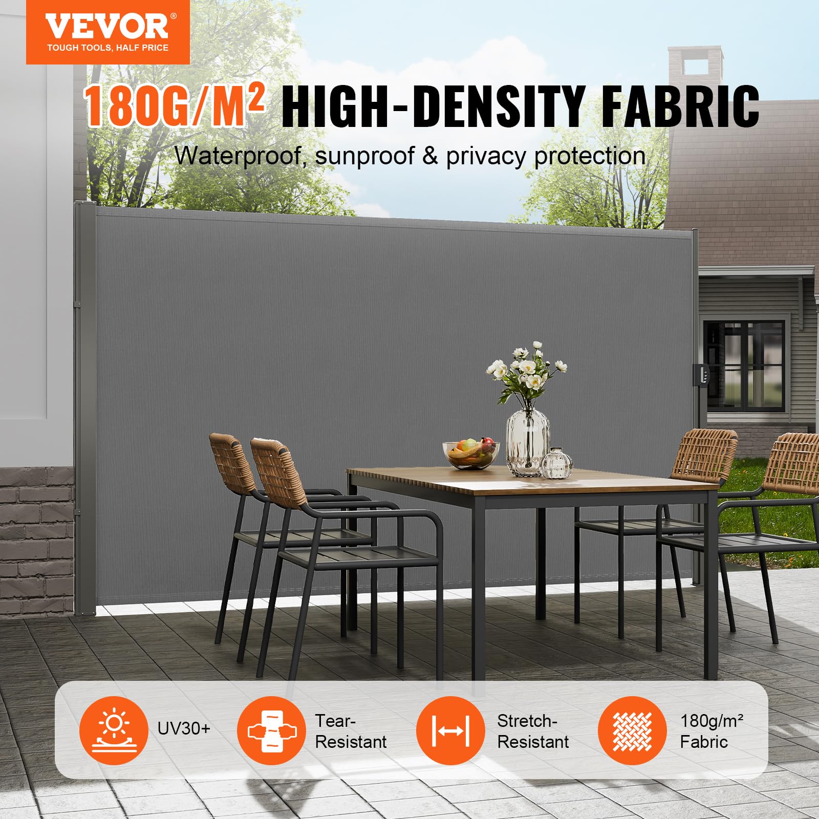VEVOR retractable side awning extended for broad shade and privacy.
