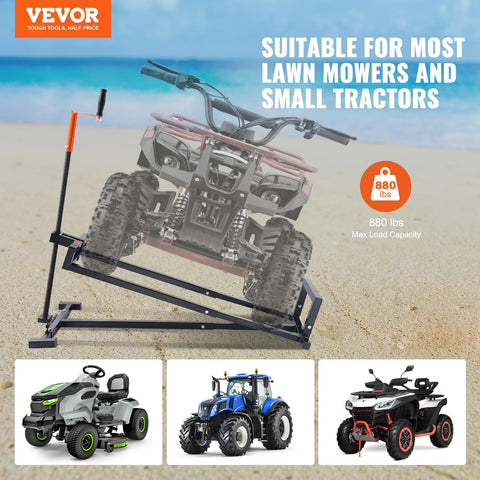 VEVOR Ride-On Mower Lift Jack side view highlights sturdy base