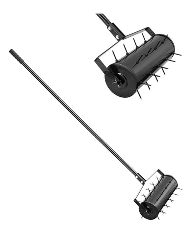 VEVOR rolling lawn aerator with 18-inch bucket and 27 spikes ready for lawn use.