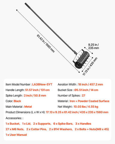 VEVOR rolling lawn aerator assembly and quick setup guide image.