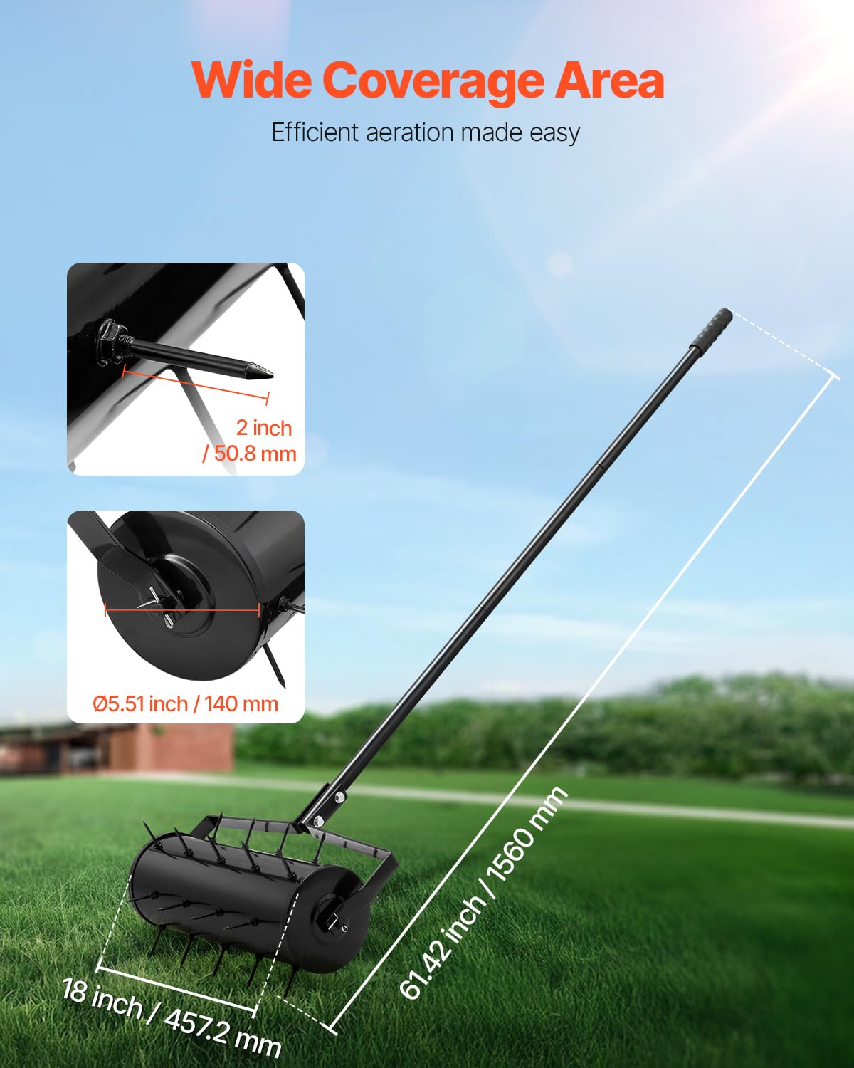 VEVOR rolling lawn aerator detachable handle simplifies setup and storage.