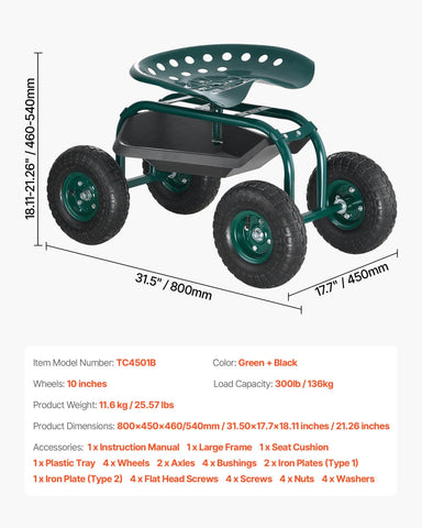VEVOR rolling garden cart 10-inch tires on uneven ground