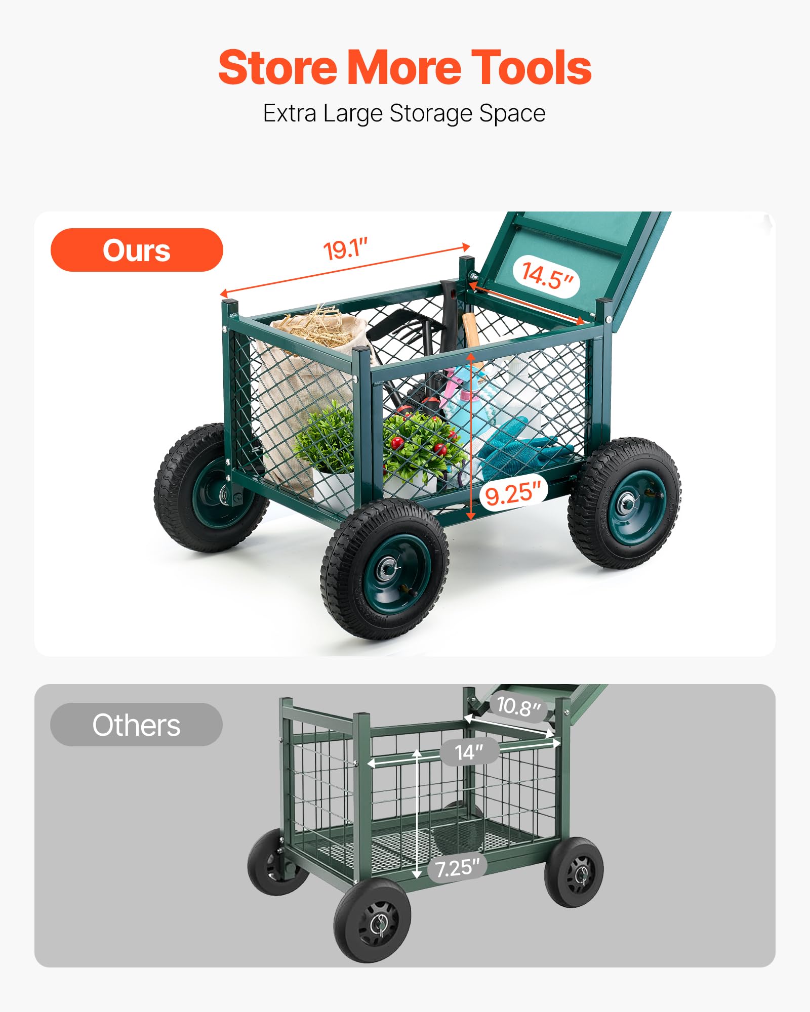 VEVOR rolling garden cart 8-inch wheels handling uneven terrain