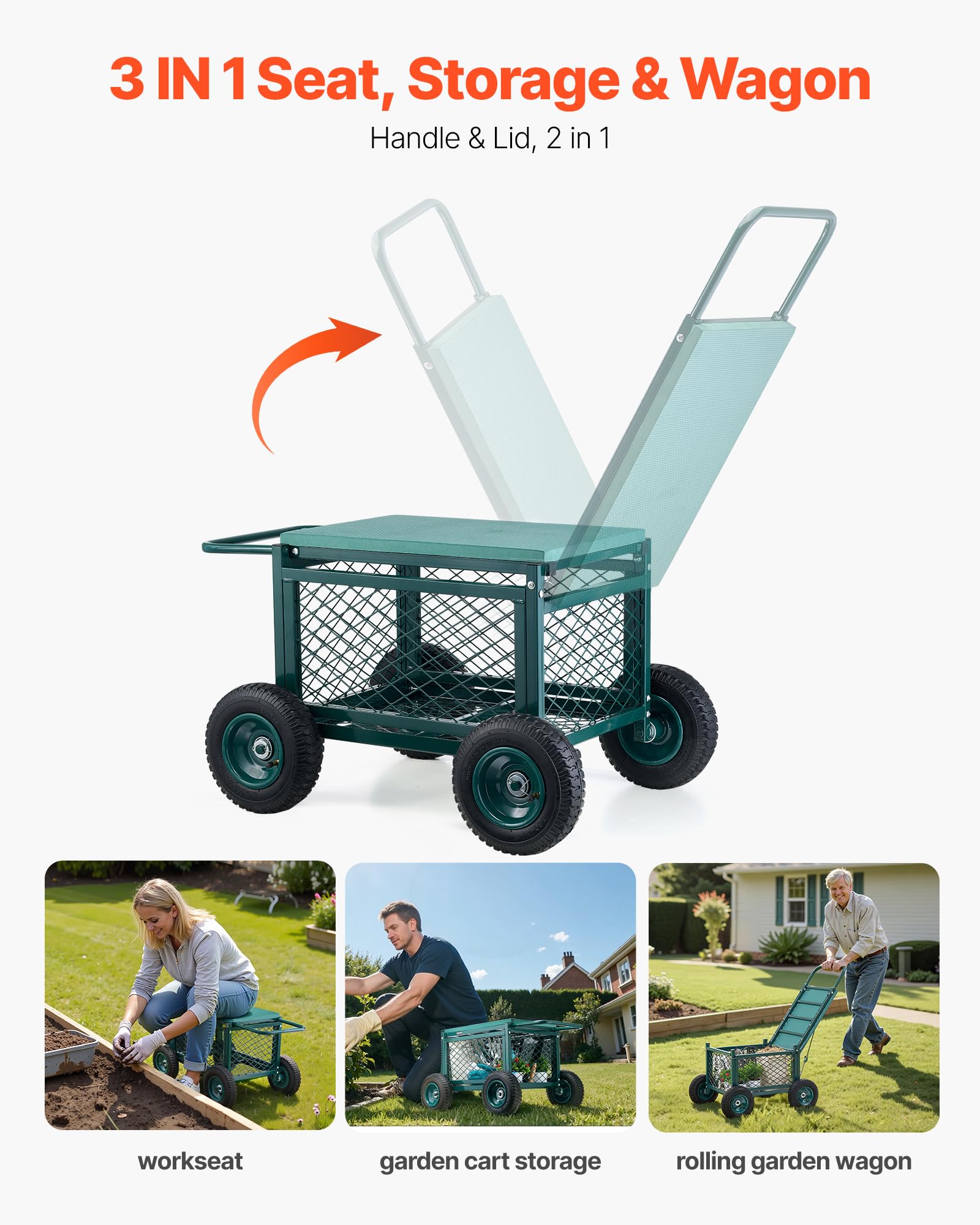 VEVOR rolling garden cart dimensions 760x520x440mm in a compact footprint