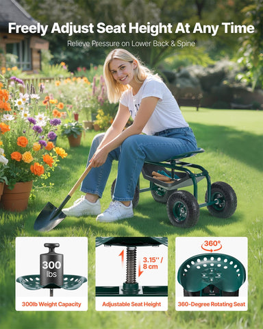 VEVOR rolling garden cart swivel seat close-up demonstrates 360-degree rotation