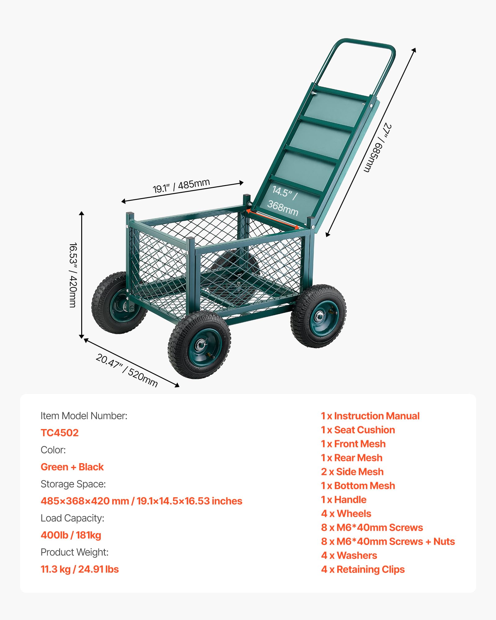 VEVOR rolling garden cart weight capacity 400lbs supports heavy loads