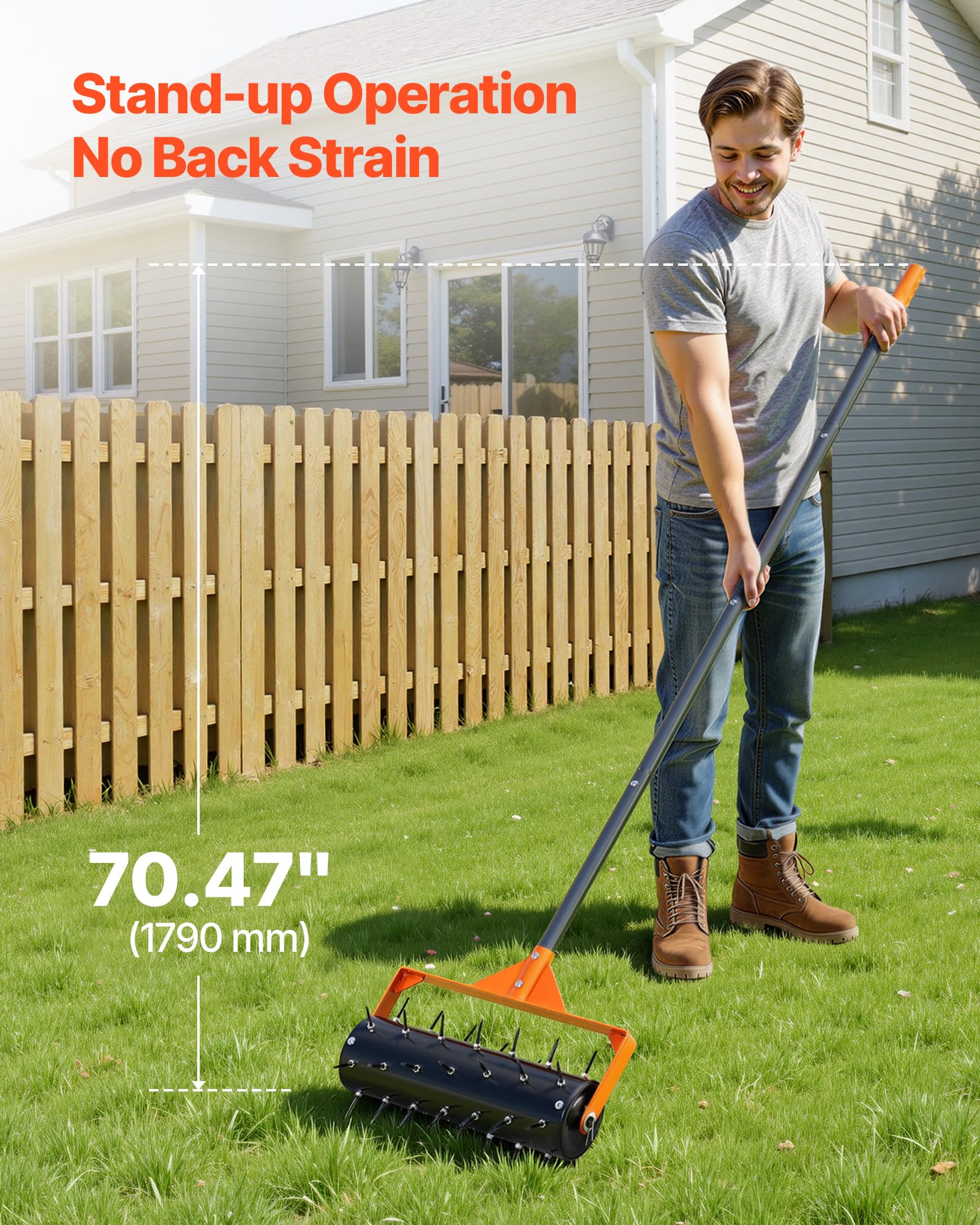 VEVOR lawn aerator assembly demonstrates quick setup and pre-installed spikes