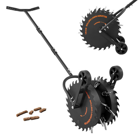 VEVOR rolling lawn core aerator front view showing anti-clog tines for deeper soil plugs