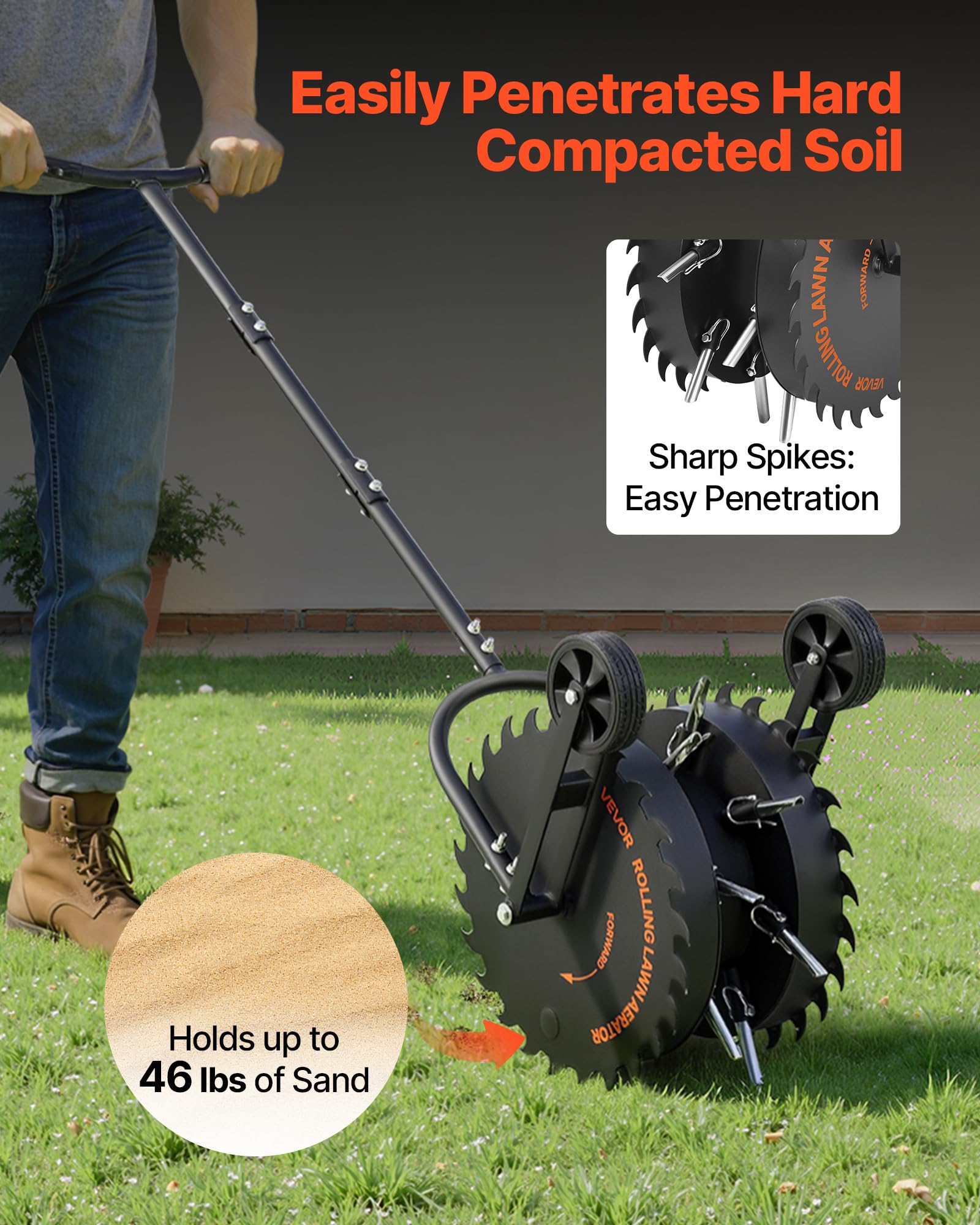 VEVOR weighted drum on core aerator demonstrates downward pressure for penetration