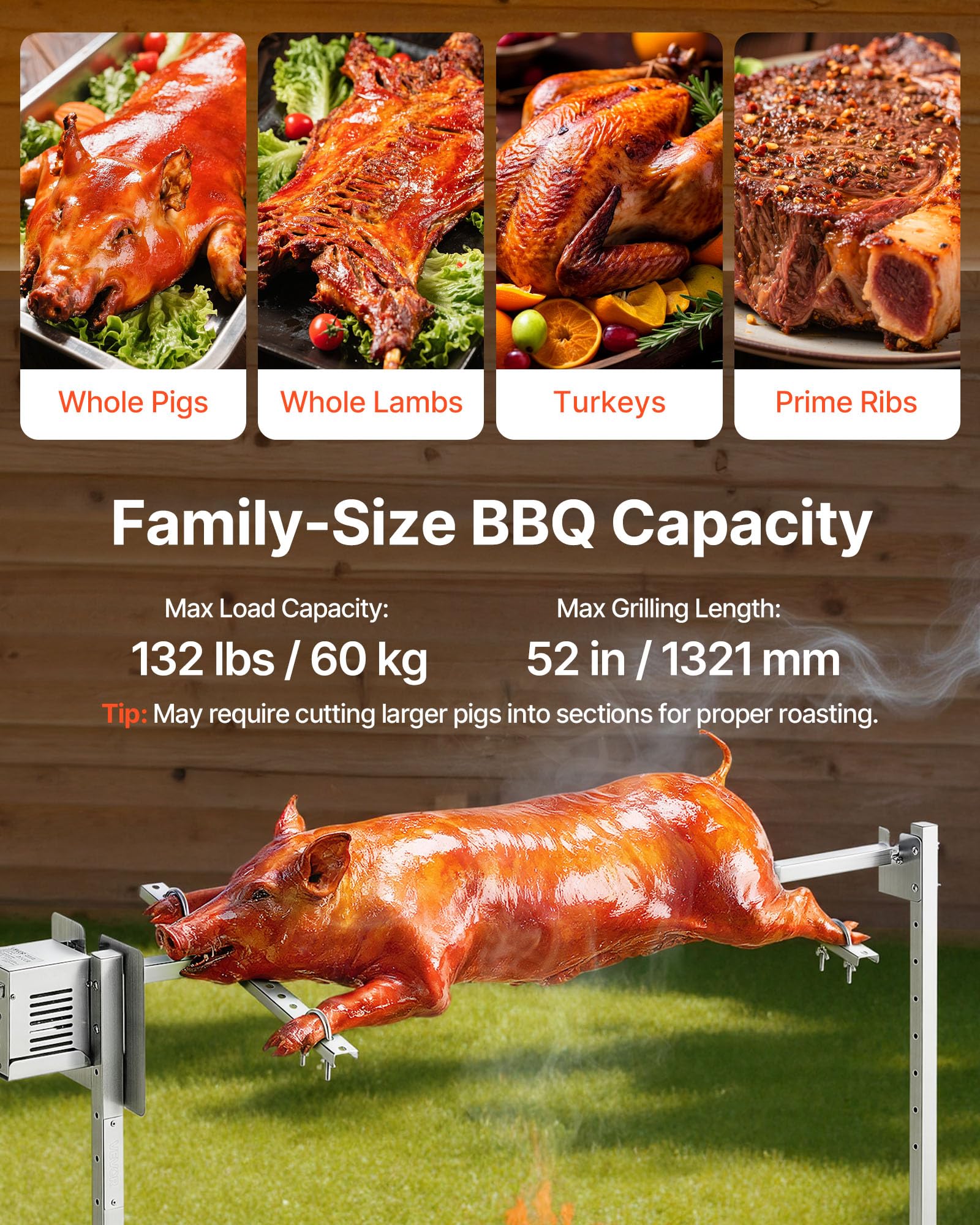 VEVOR rotisserie grill 132lbs capacity supports roasting whole pigs, turkeys, and large cuts