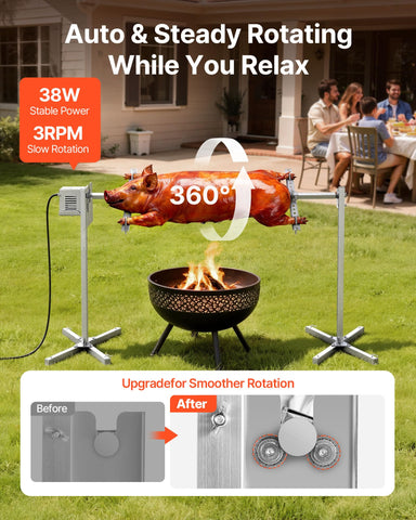VEVOR rotisserie grill 38W motor rotation delivers steady browning and reliable operation