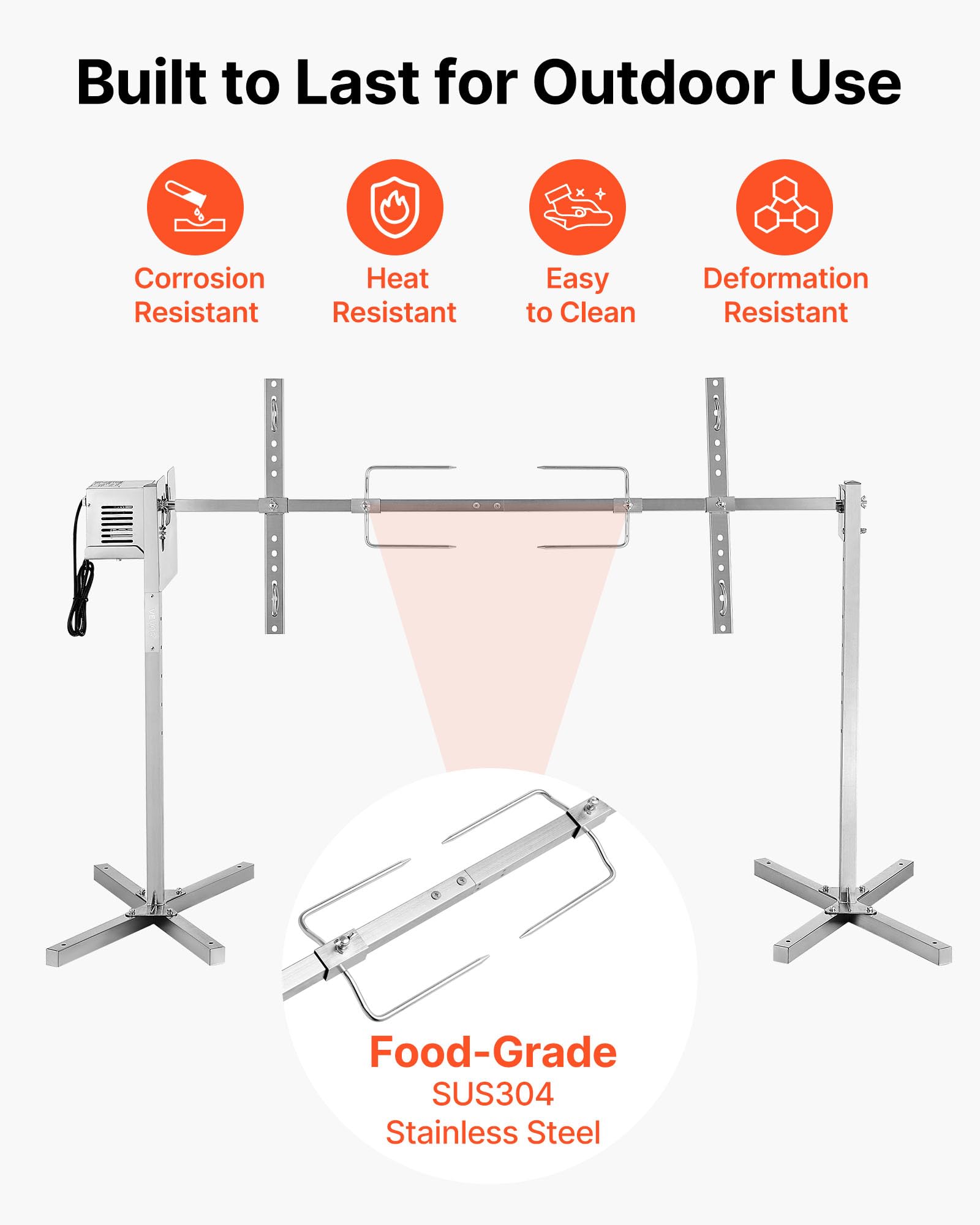 VEVOR rotisserie grill 45-degree tripod provides stable outdoor support
