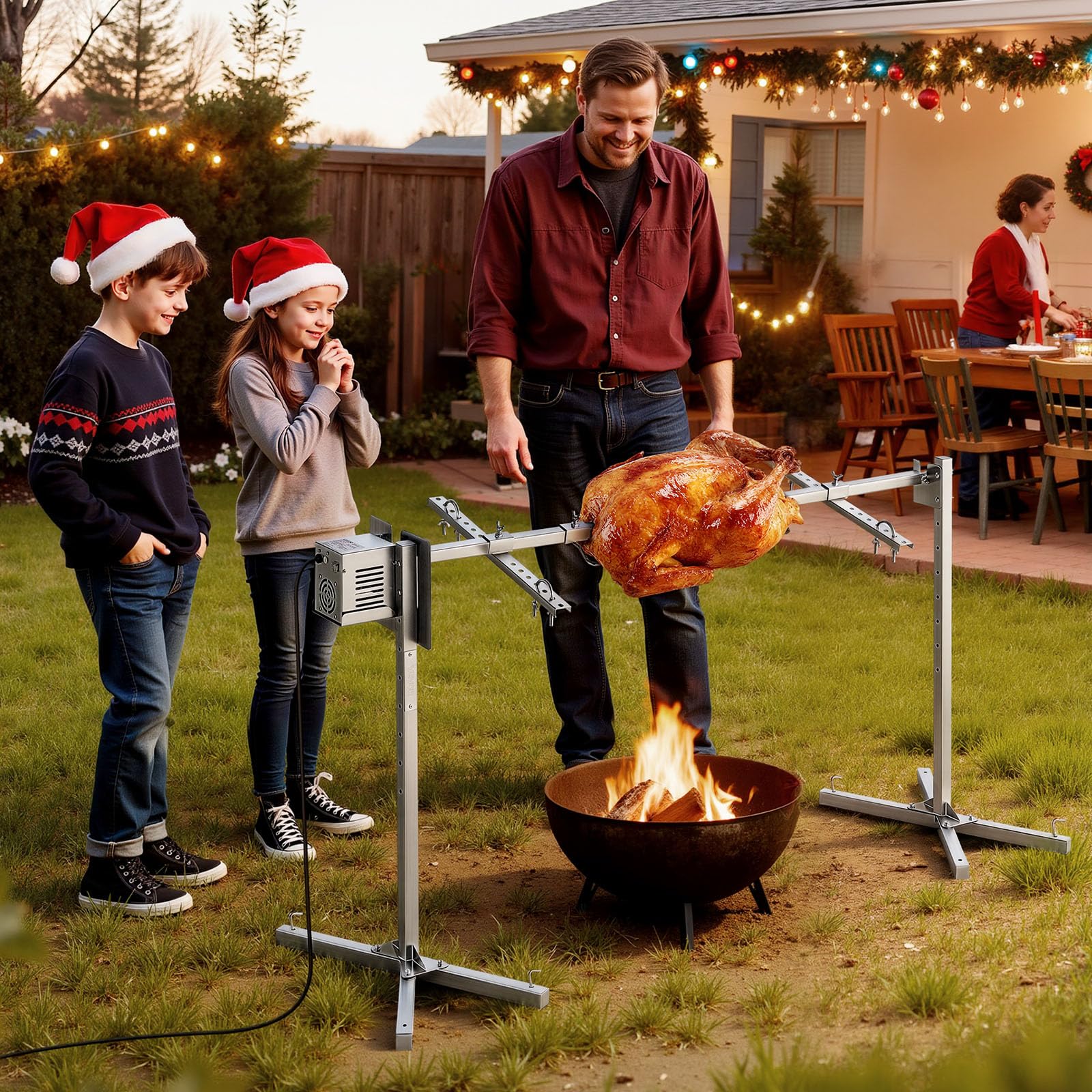 VEVOR rotisserie grill ideal for backyard events, weddings, camping, and parties