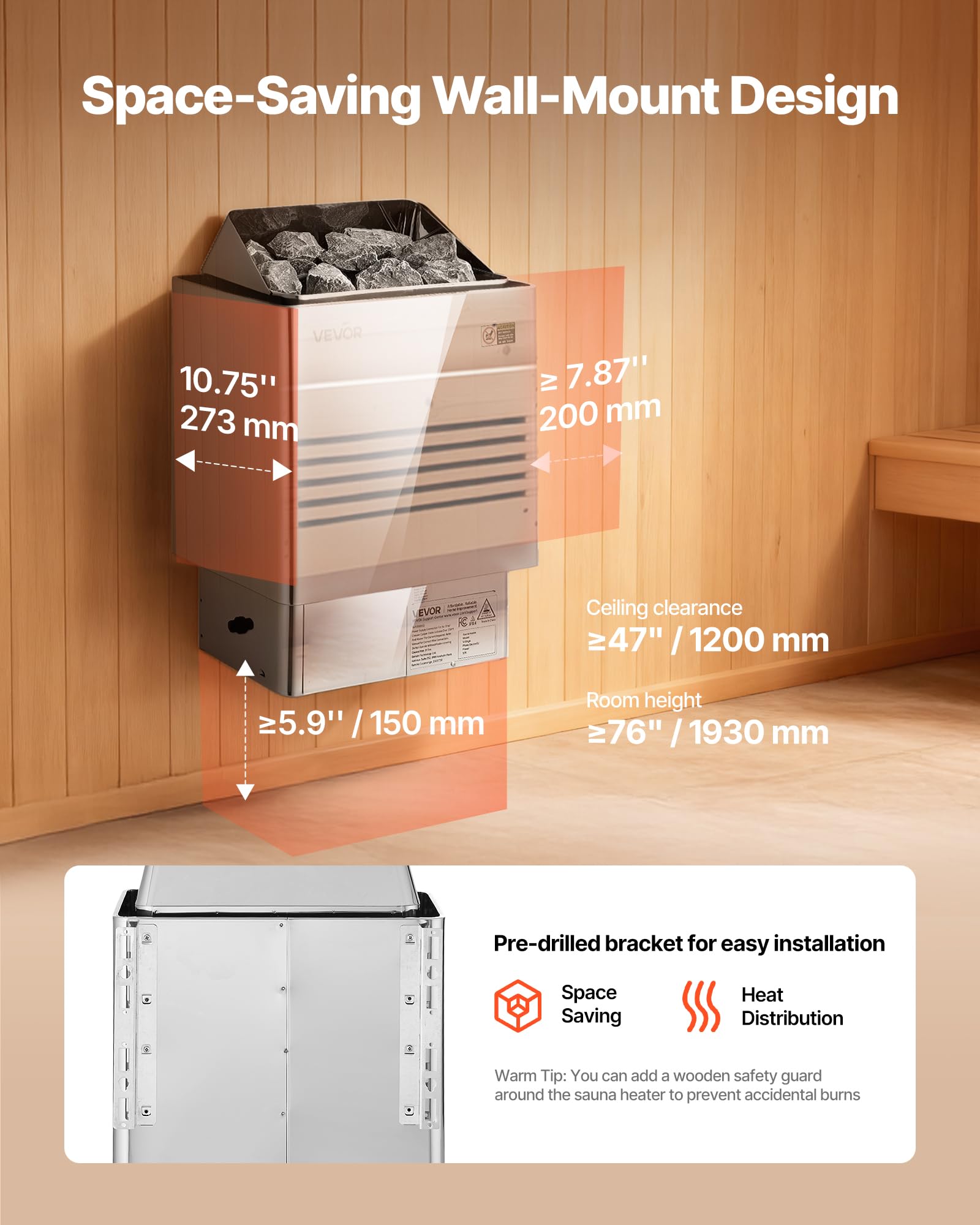 VEVOR sauna heater wall-mount bracket demonstrates space-saving installation