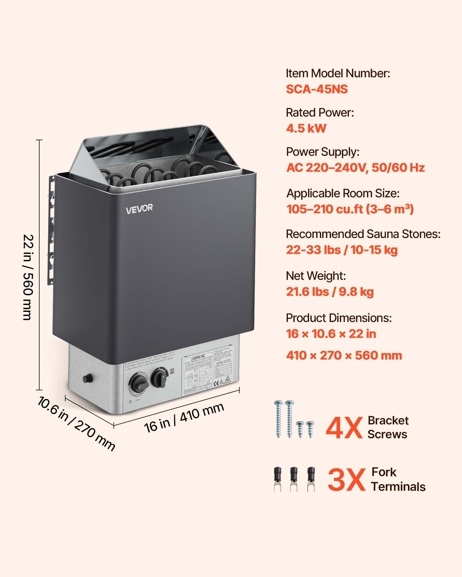 VEVOR compact dimensions fit compact saunas without compromising performance.