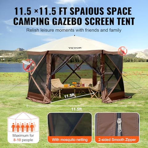 VEVOR screen tent 6-sided frame emphasizes sturdy structure and versatile shade.