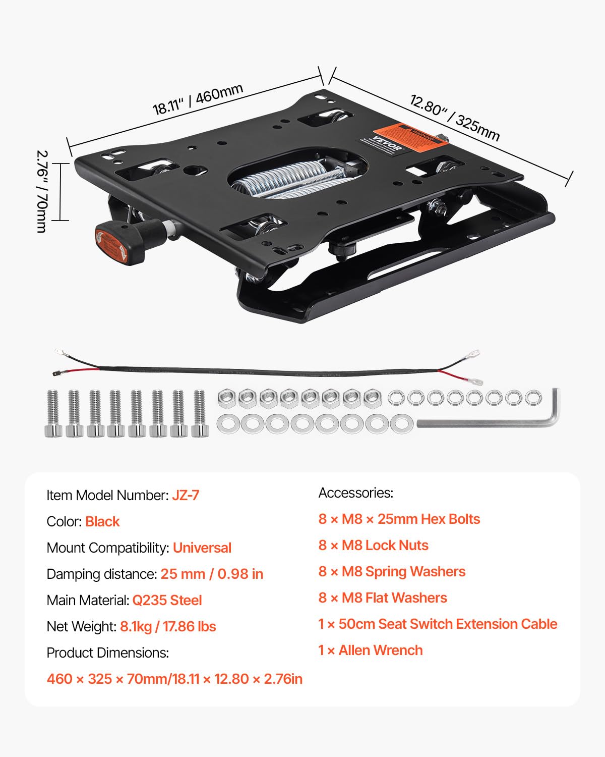 VEVOR tractor setup image shows eight-hole compatibility for multiple machines.