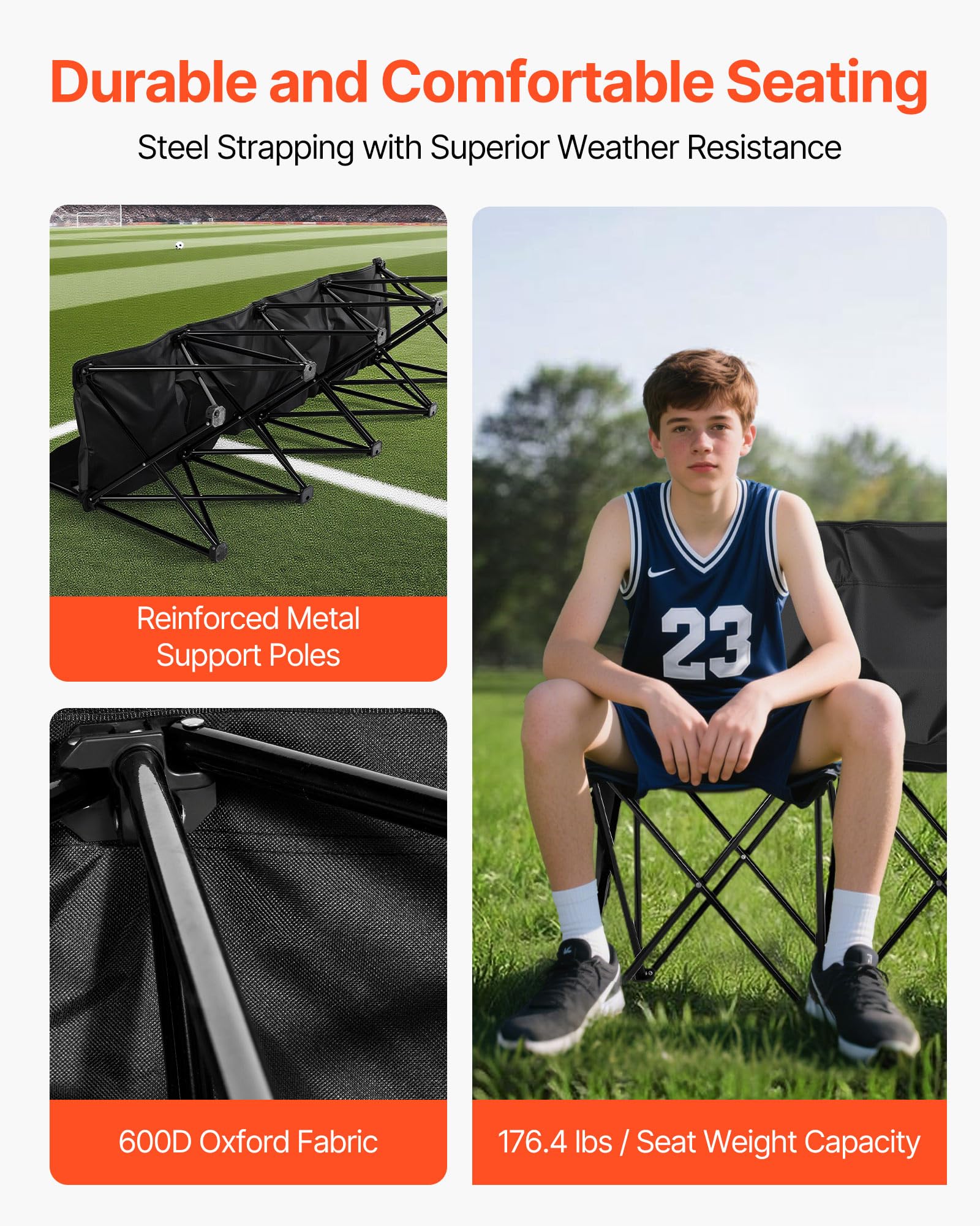 VEVOR bench with side pockets keeps coaching boards and essentials within reach.