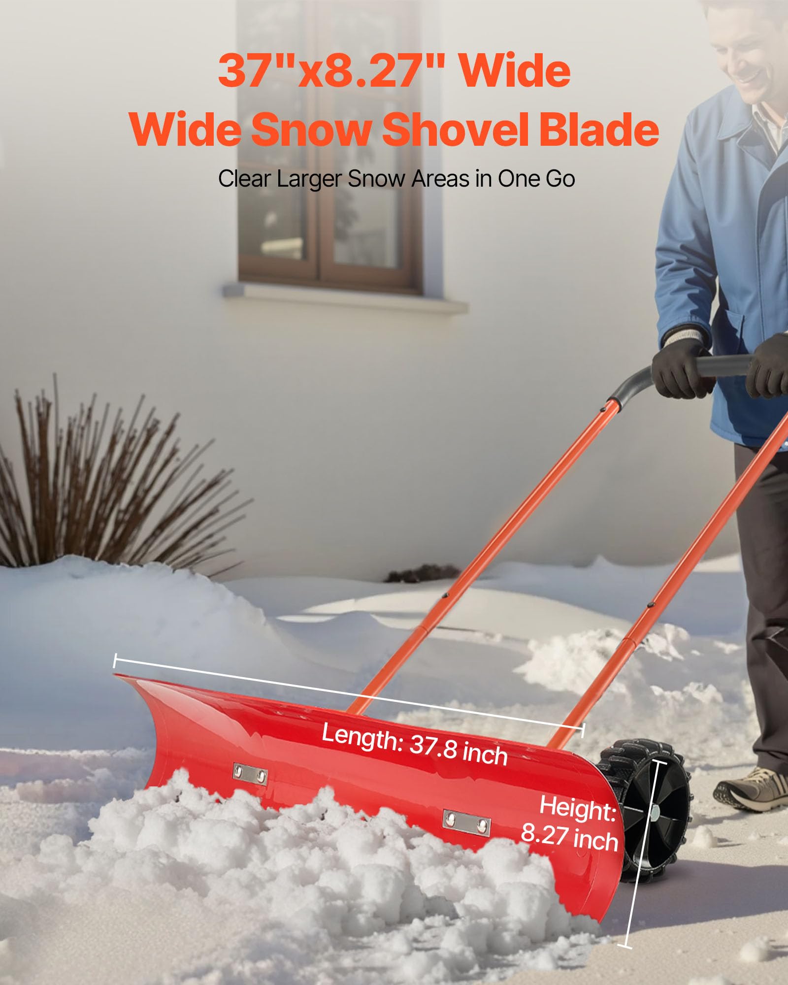 VEVOR wheeled design snow pusher enables easy, low-effort clearing on sidewalks