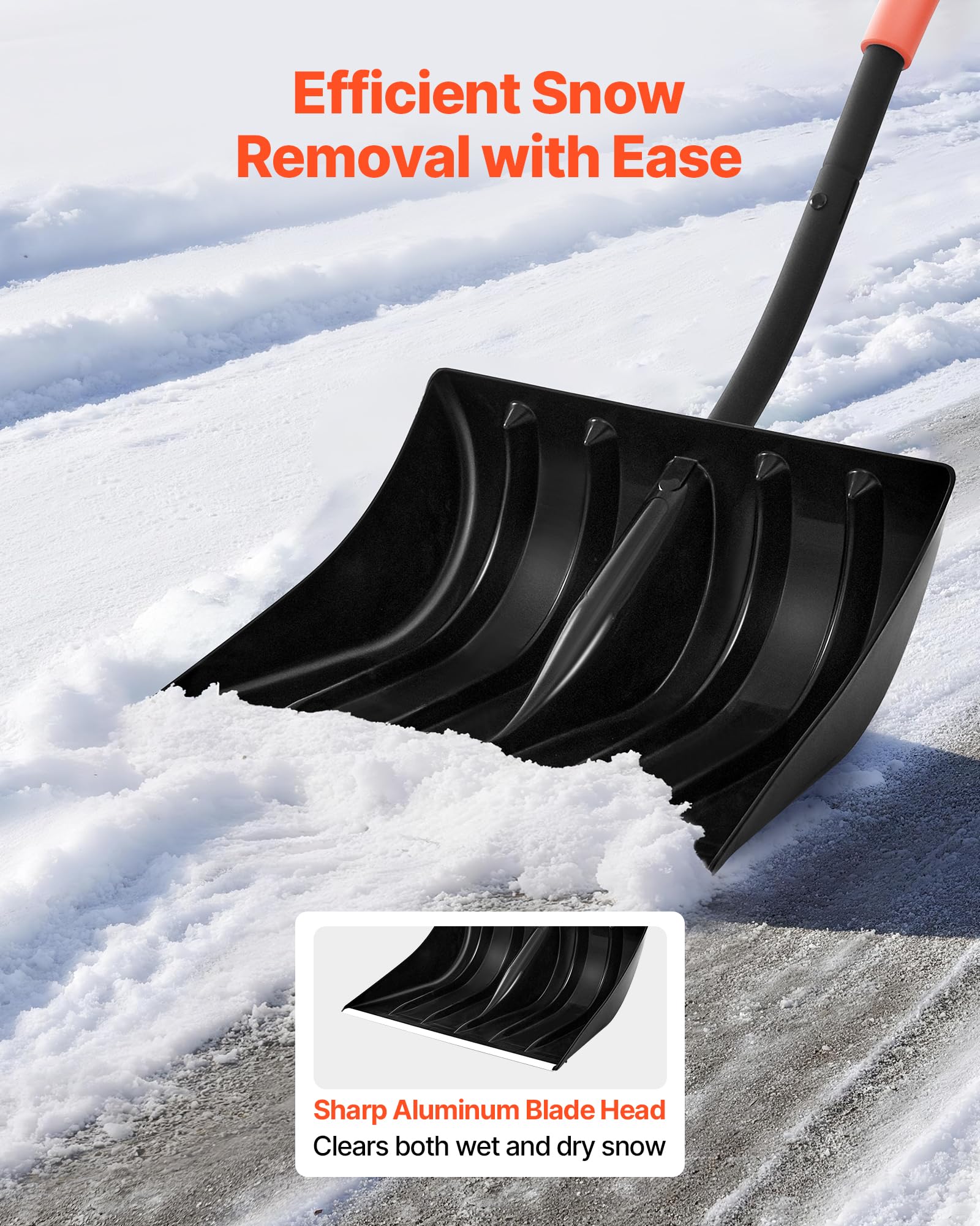 VEVOR snow shovel showing D-shaped handles for comfortable grip during use.