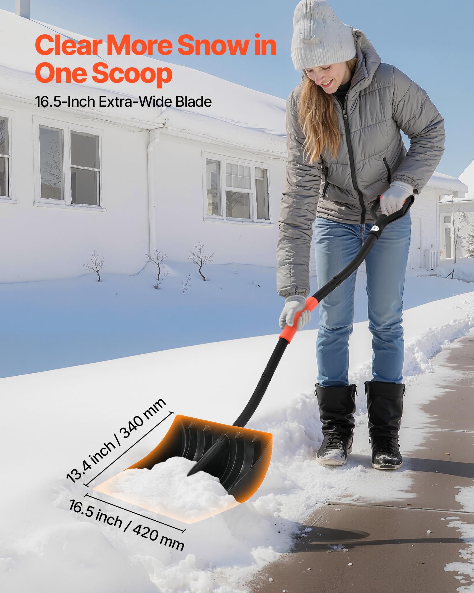 Full-length VEVOR shovel illustrating ergonomic curved design for reduced strain.
