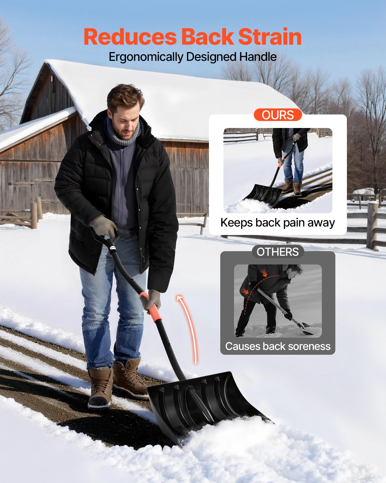 Close-up of aluminum blade on VEVOR shovel highlighting durability against heavy snow.