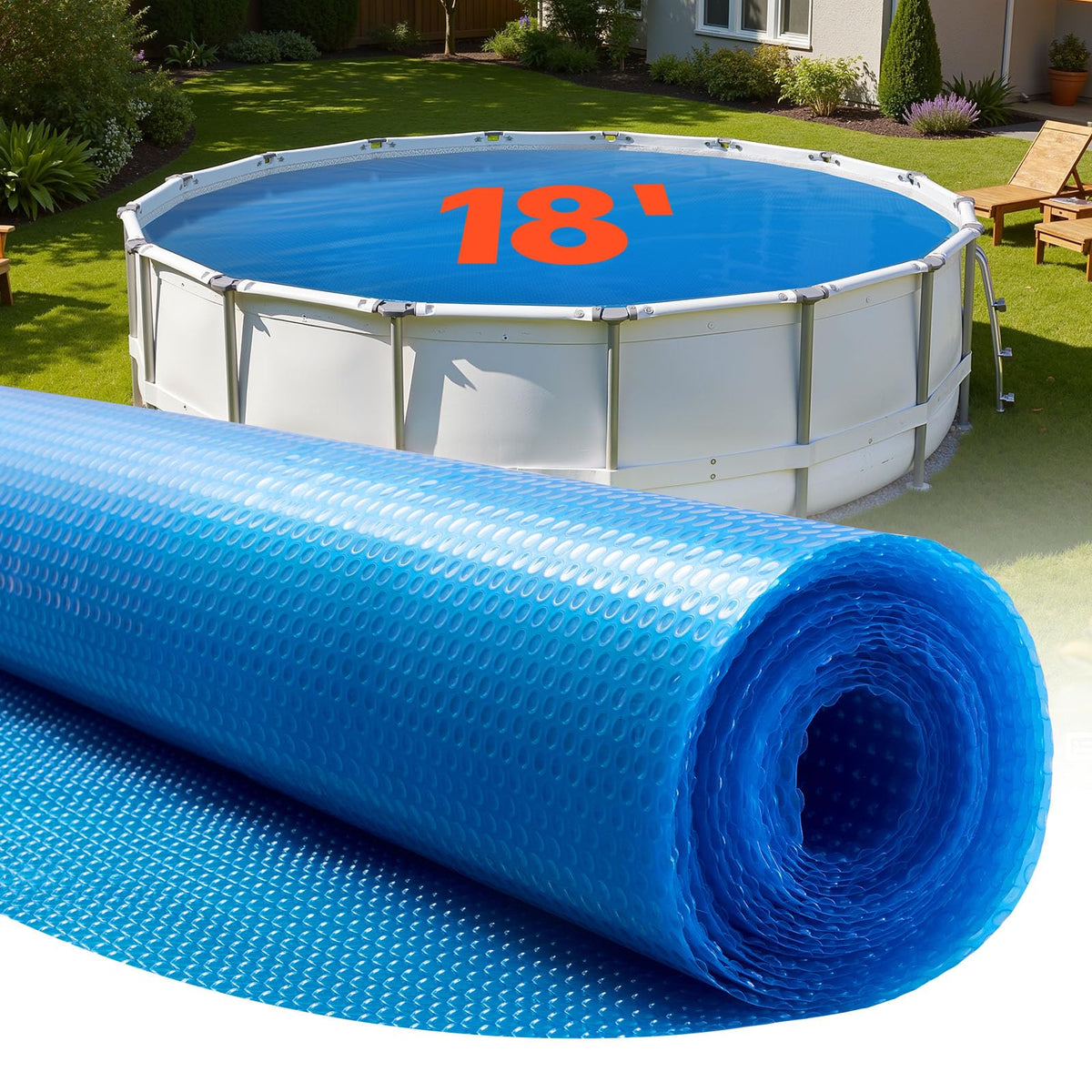VEVOR solar pool cover 18ft round warms water and shields during sunny days.