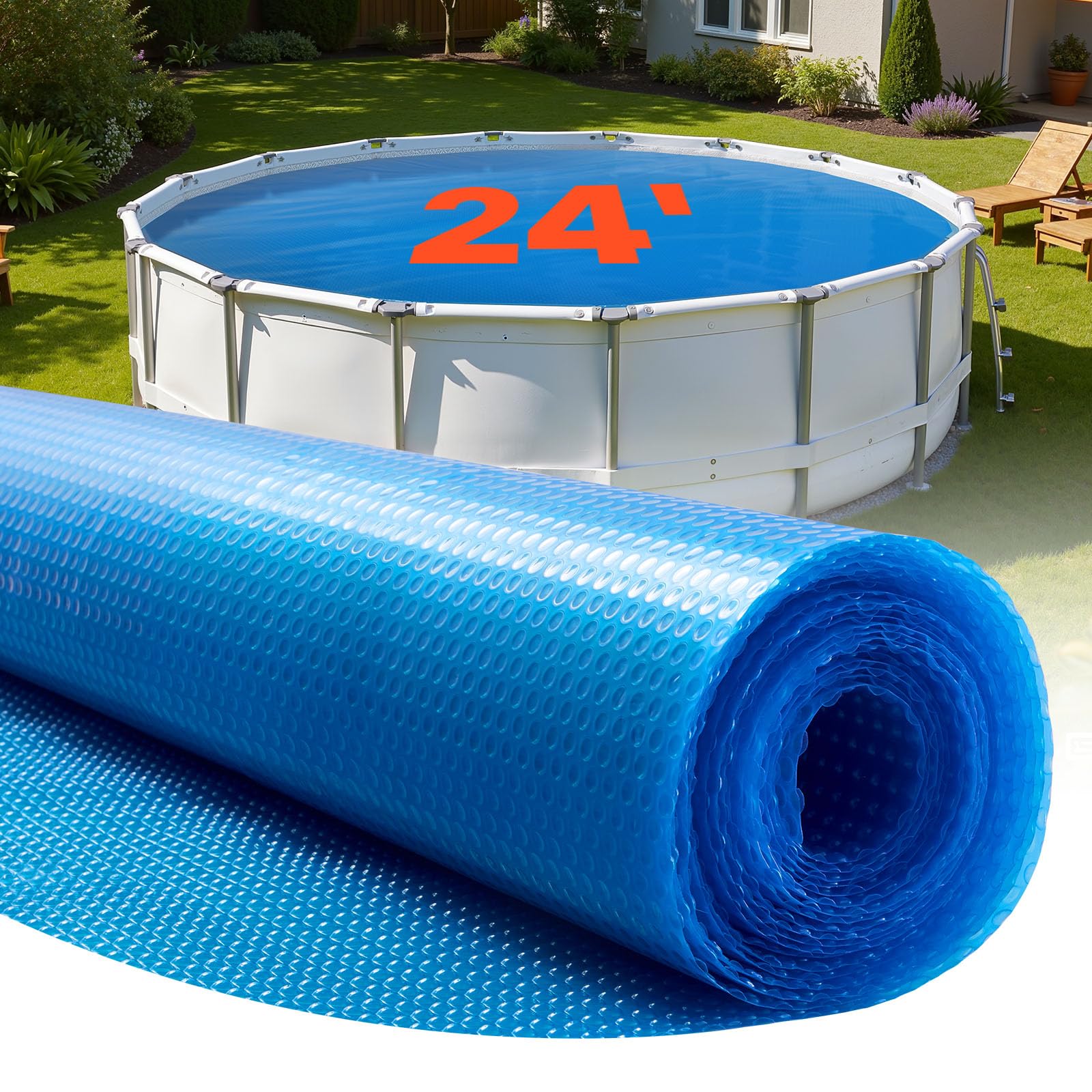 VEVOR 24ft round solar pool cover view showing sun heat absorption