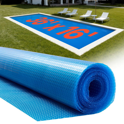 VEVOR solar pool cover over a 36x16 ft rectangle pool, trapping heat for longer swims.