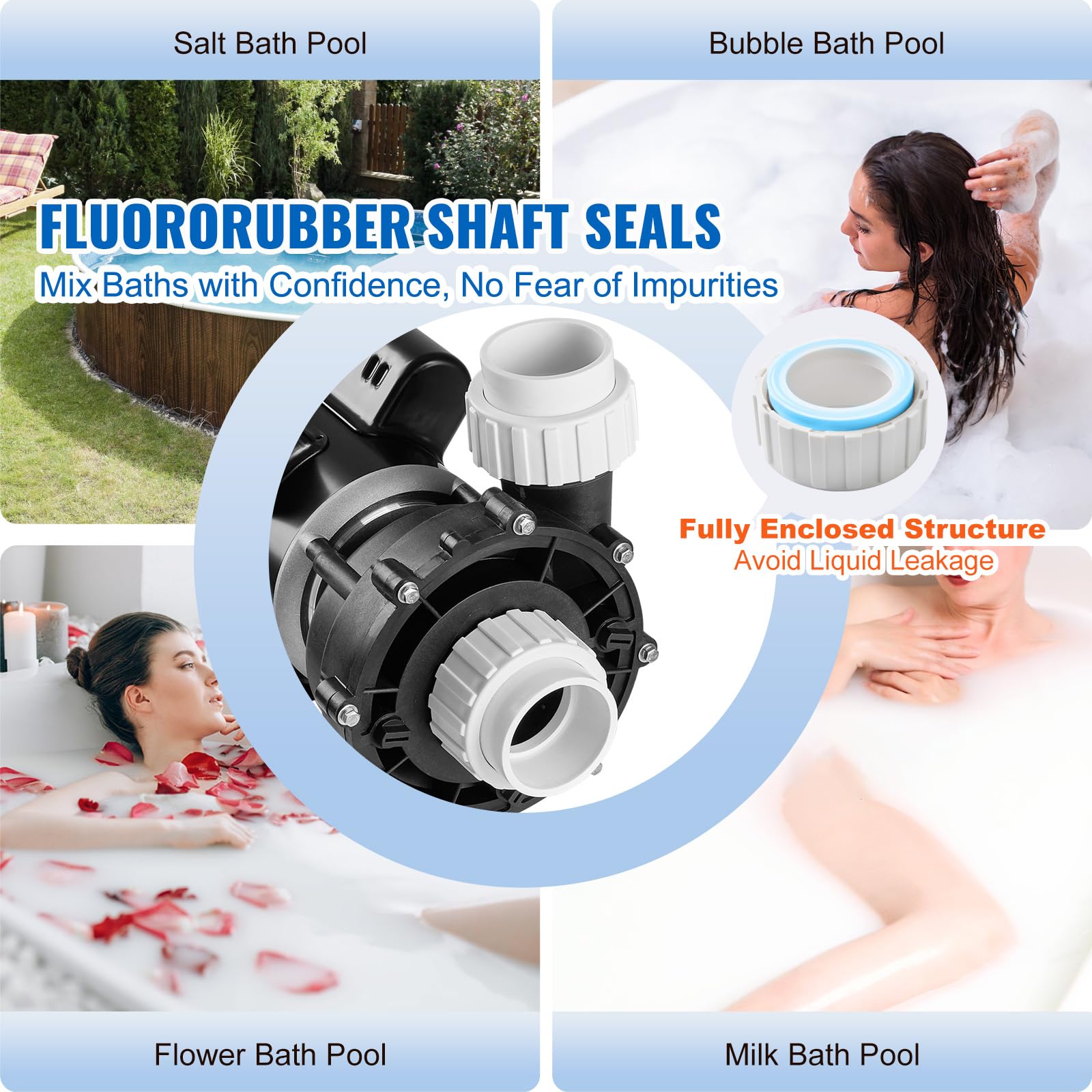 VEVOR spa pump fluororubber seal provides anti-leakage protection for hot tubs.