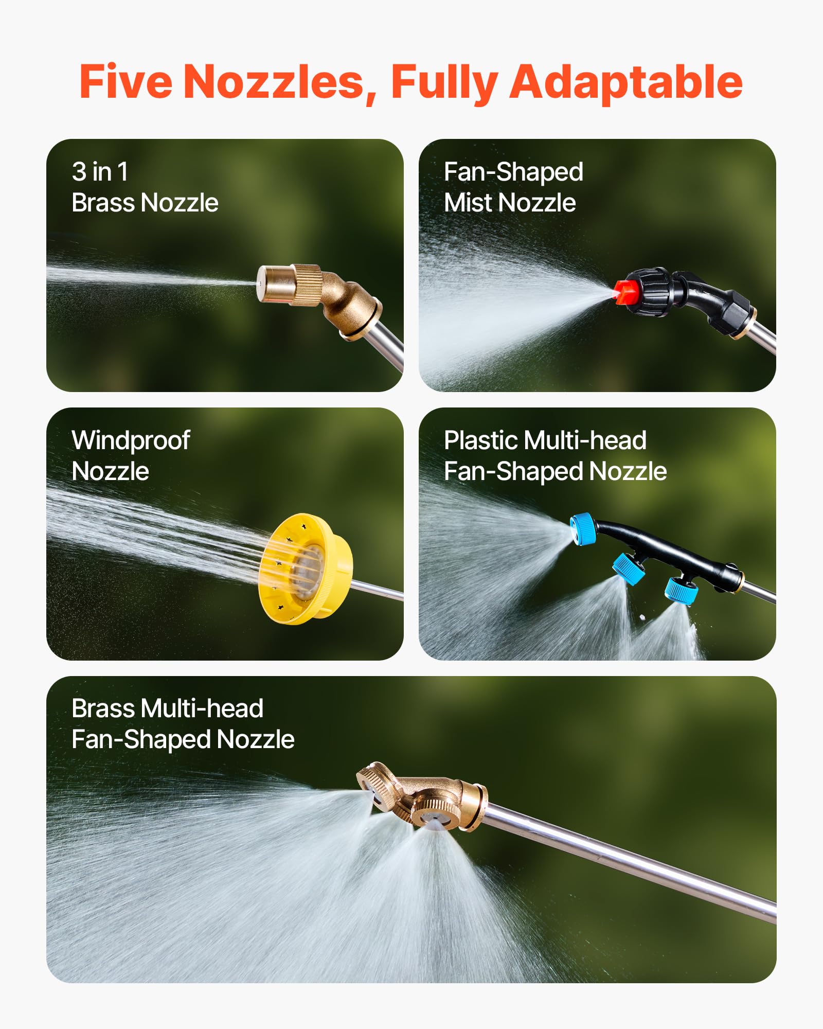 VEVOR sprayer includes five nozzles for various spray patterns.