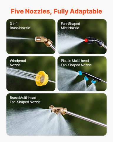 VEVOR sprayer includes five nozzles for various spray patterns.