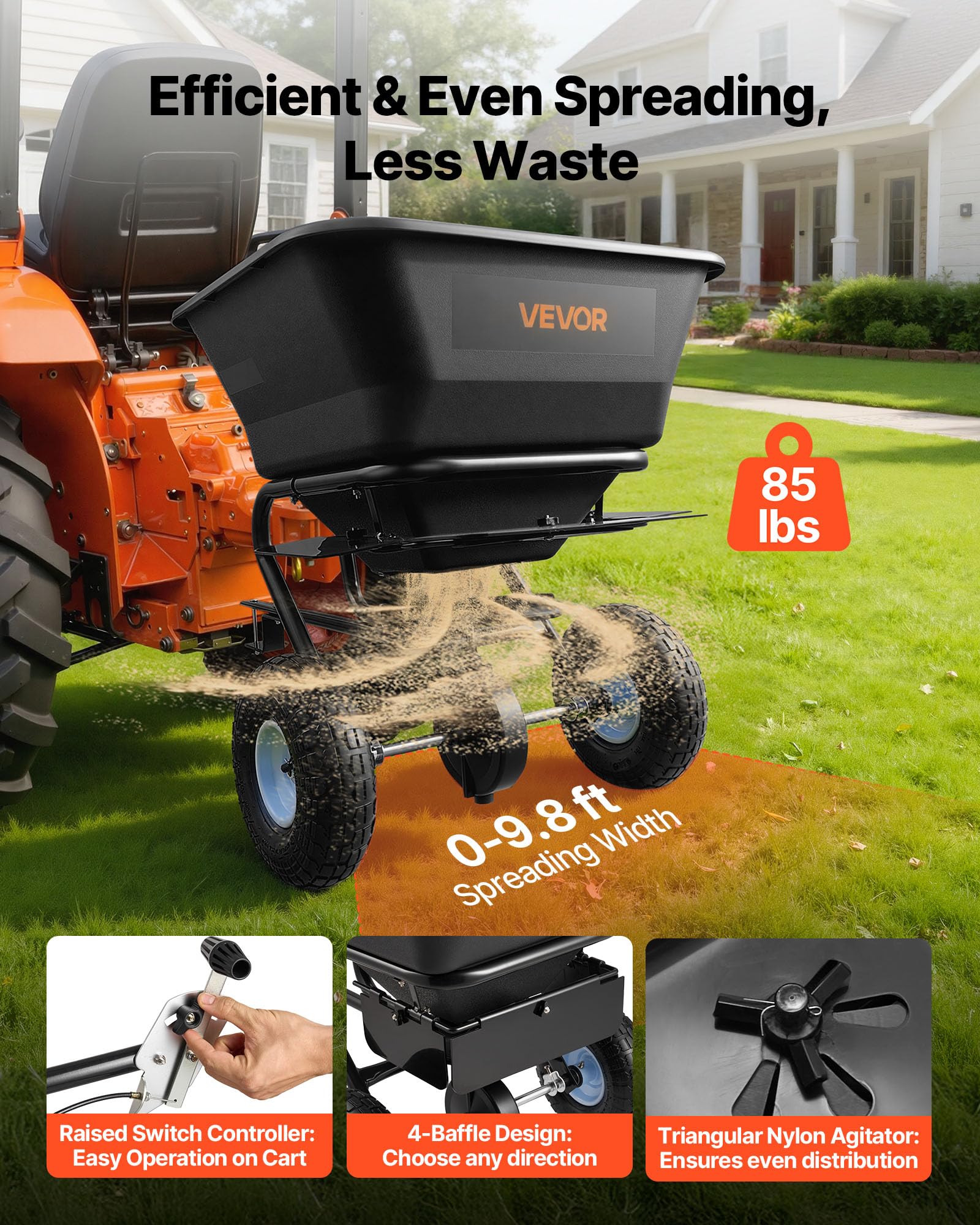 VEVOR spreader shows 10-inch all-terrain tires for smooth movement on varied terrain