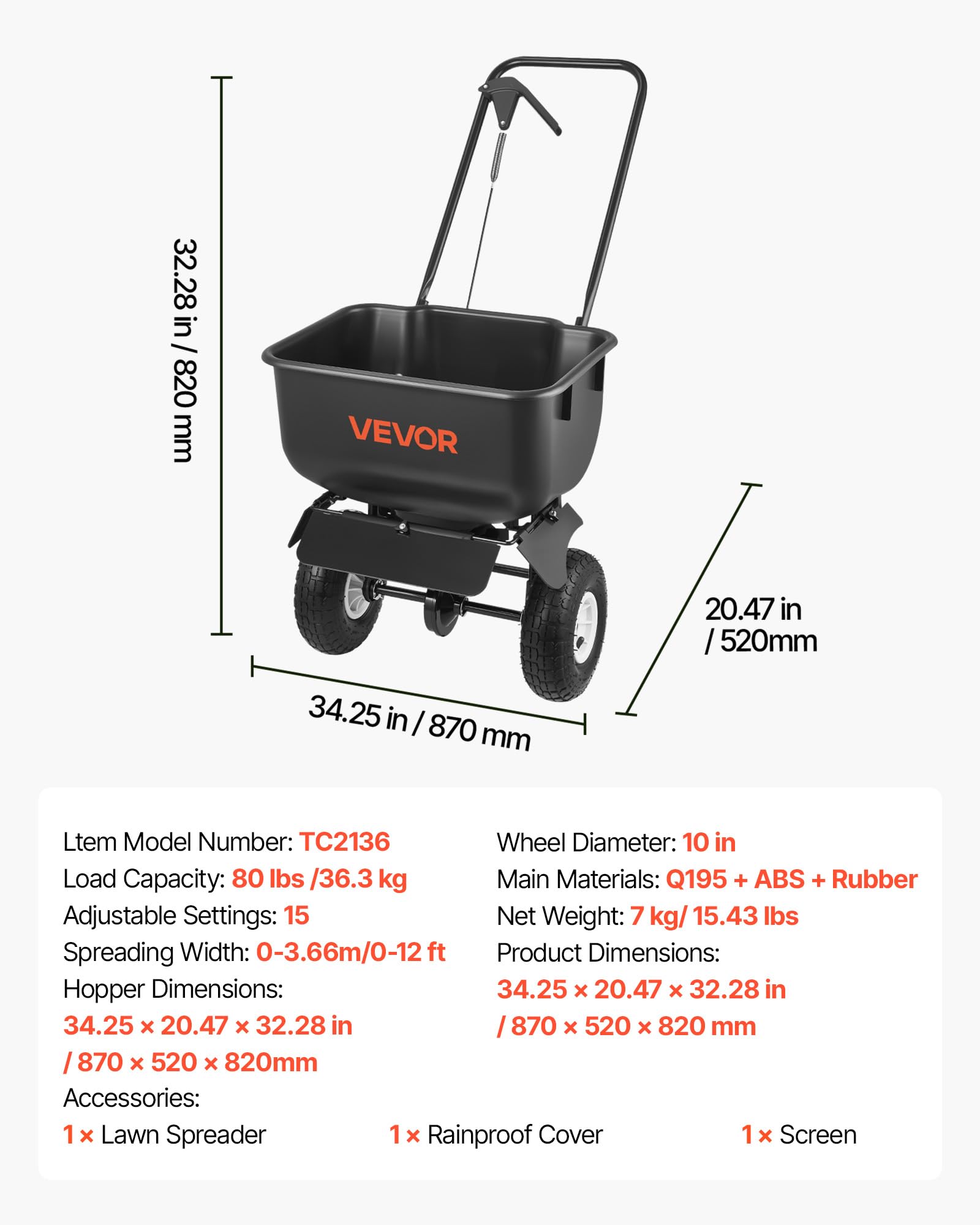 VEVOR spreader with 15 settings for precise coverage control