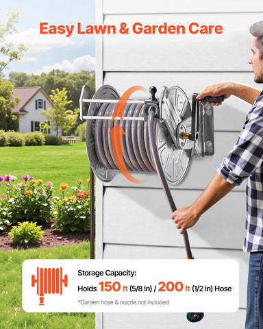 VEVOR 150 ft capacity hose reel enables broad reach and easier watering