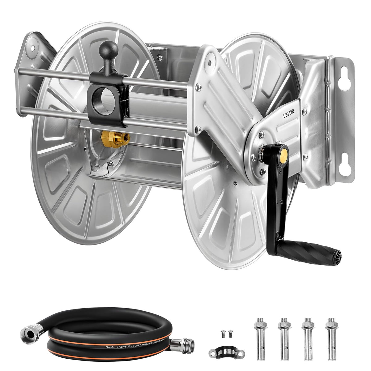 VEVOR stainless steel hose reel mounted on wall for tidy storage and quick access