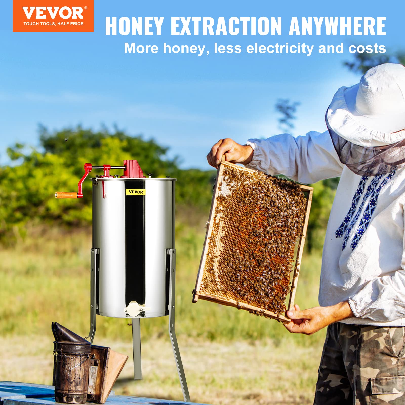 VEVOR stainless steel honey extractor with polished finish for durability and easy cleaning.