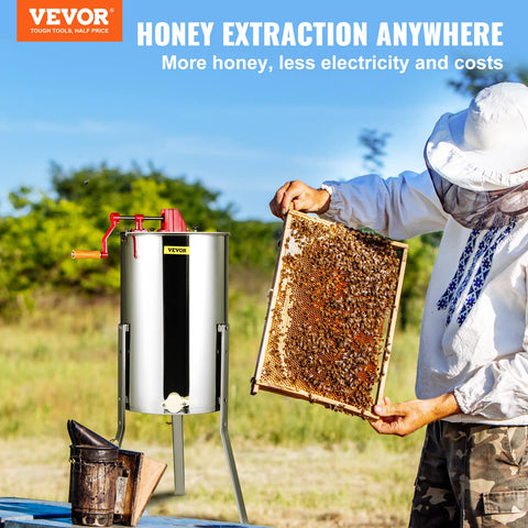 VEVOR stainless steel honey extractor with polished finish for durability and easy cleaning.