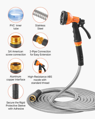 VEVOR stainless steel hose offers durable, corrosion-resistant performance for outdoor use.