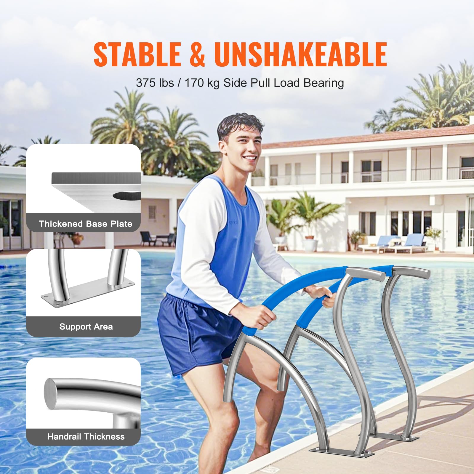 VEVOR stainless steel pool handrail shown from outside for outdoor durability