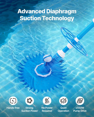 VEVOR suction pool cleaner in use gliding across the pool floor for automatic cleaning