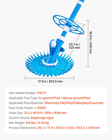 VEVOR suction pool cleaner suits large pools, covering extensive areas quickly