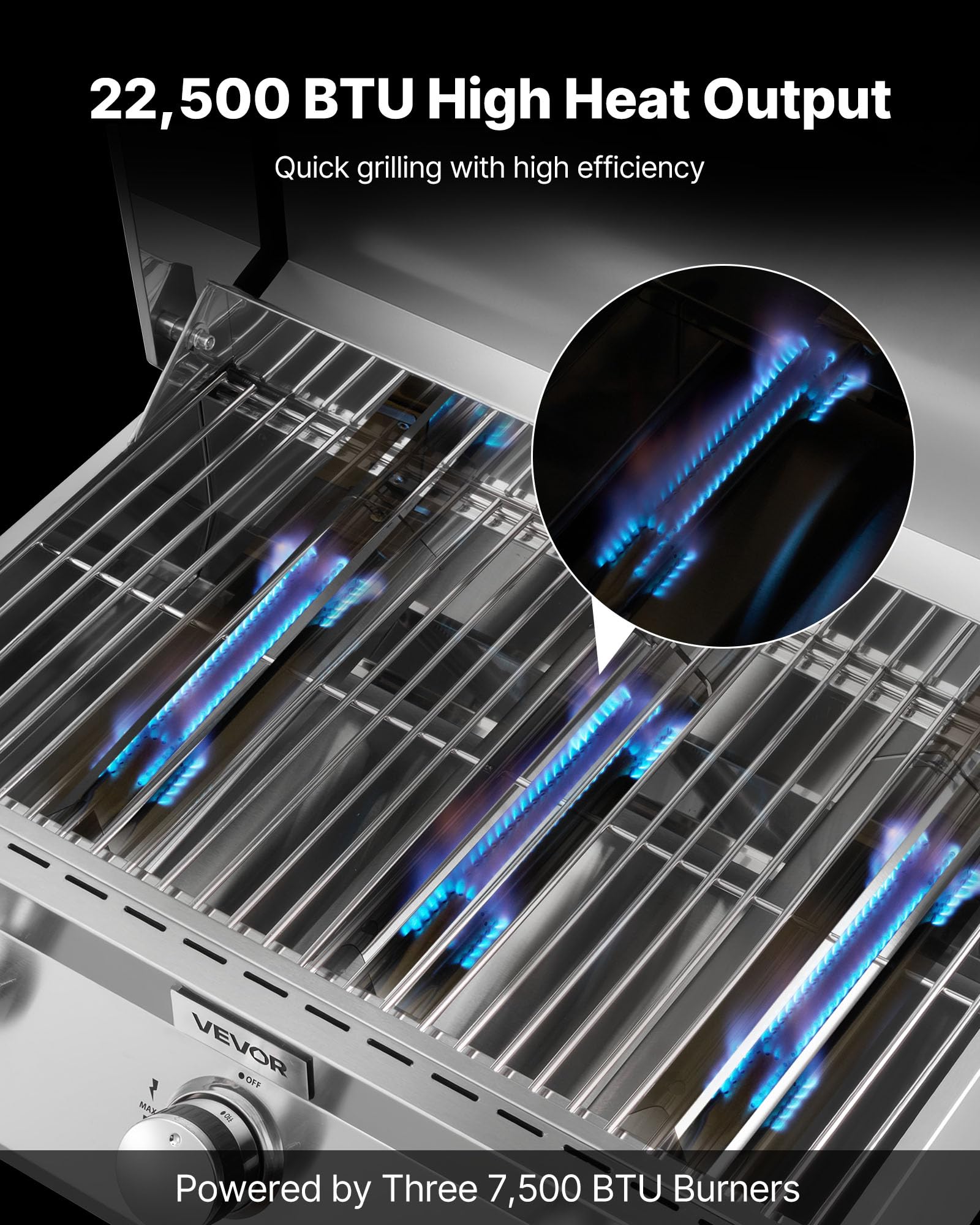 VEVOR Tabletop Gas Grill burners-lit demonstrates ignition and heat ready for quick searing