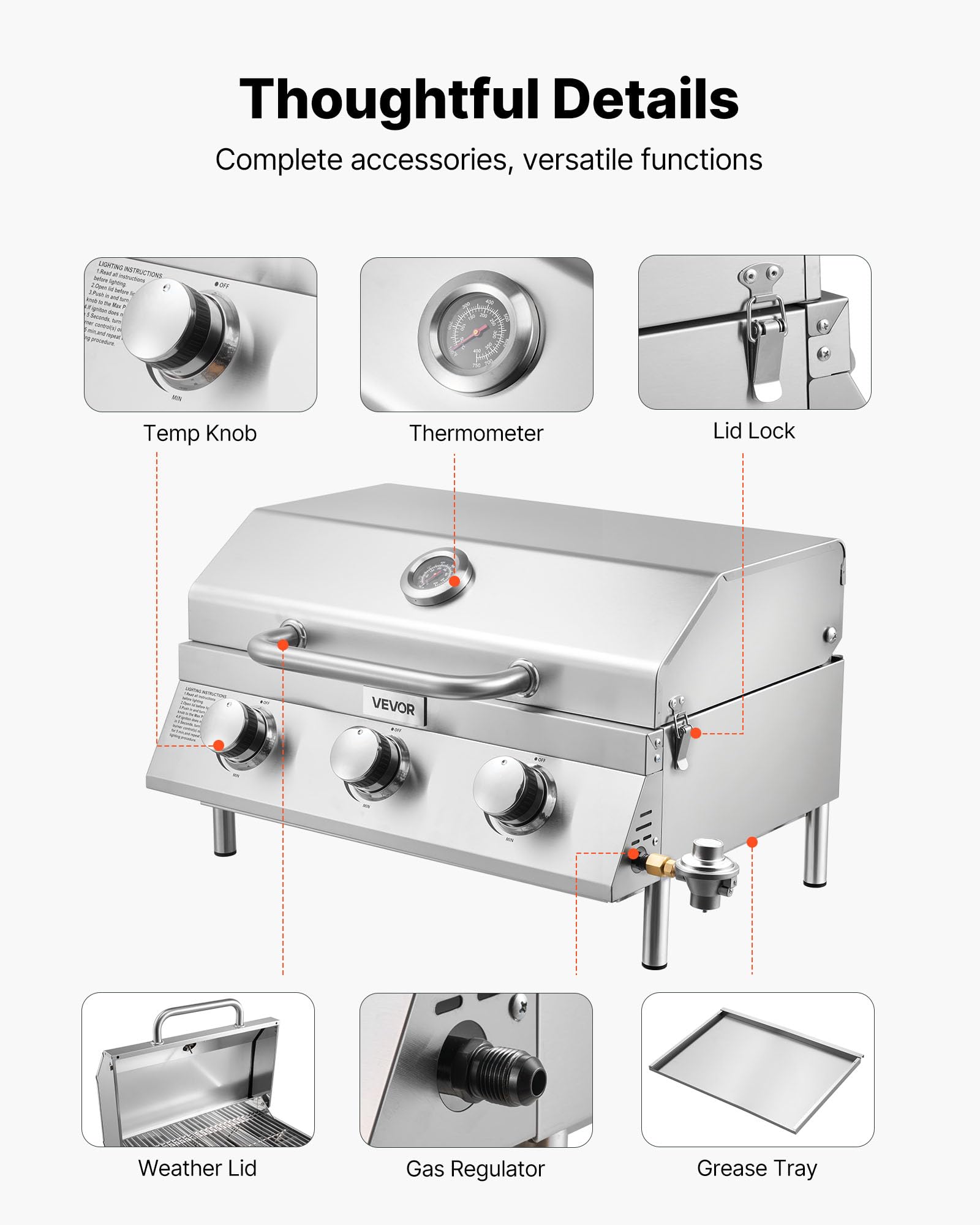 VEVOR Tabletop Gas Grill cooking-area shows large 316 sq in surface for crowds