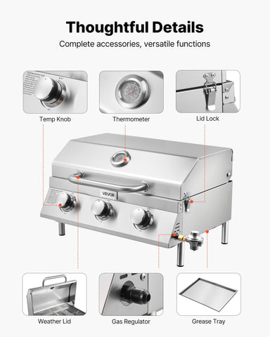 VEVOR Tabletop Gas Grill cooking-area shows large 316 sq in surface for crowds