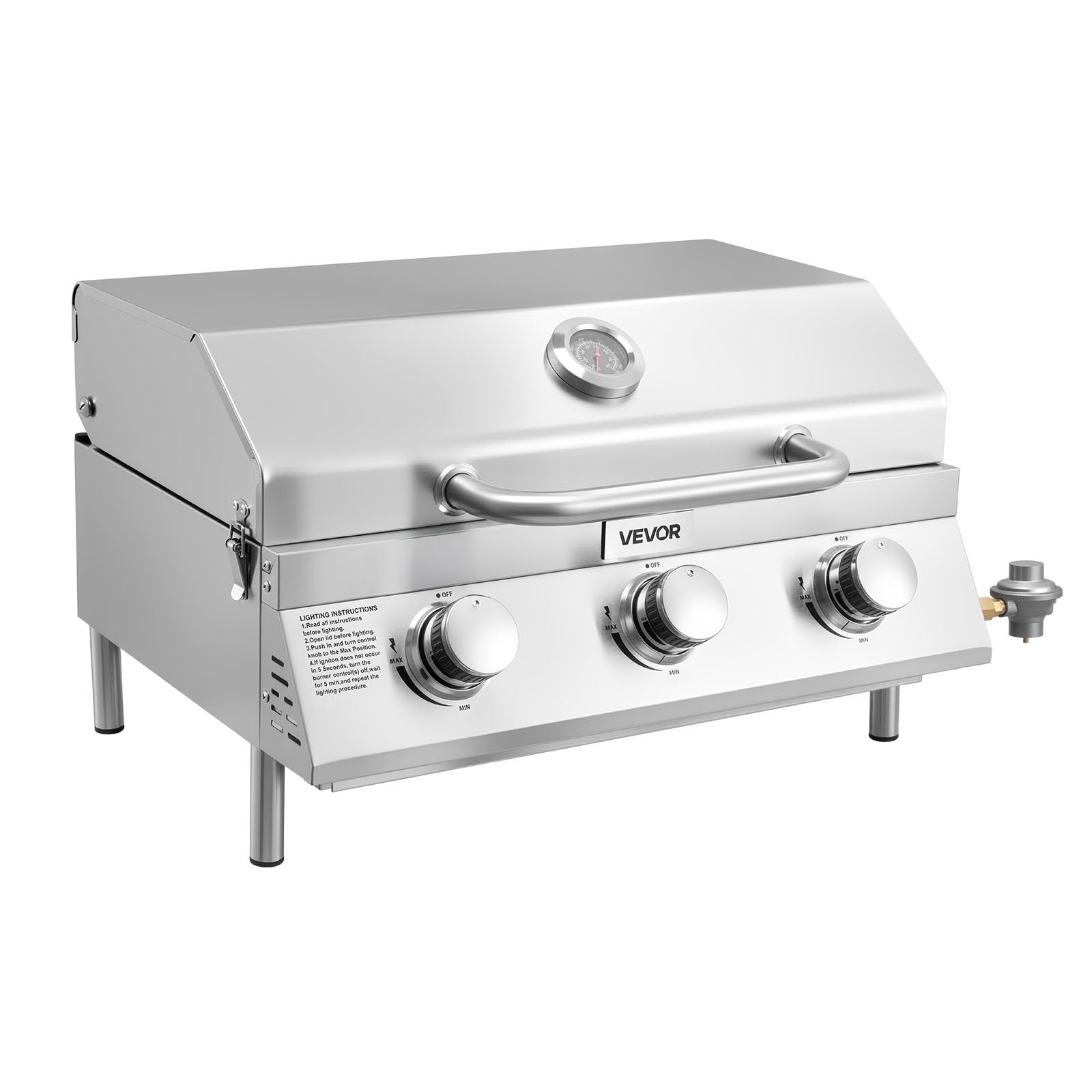 VEVOR Tabletop Gas Grill front view showcases three burners for fast, even heating