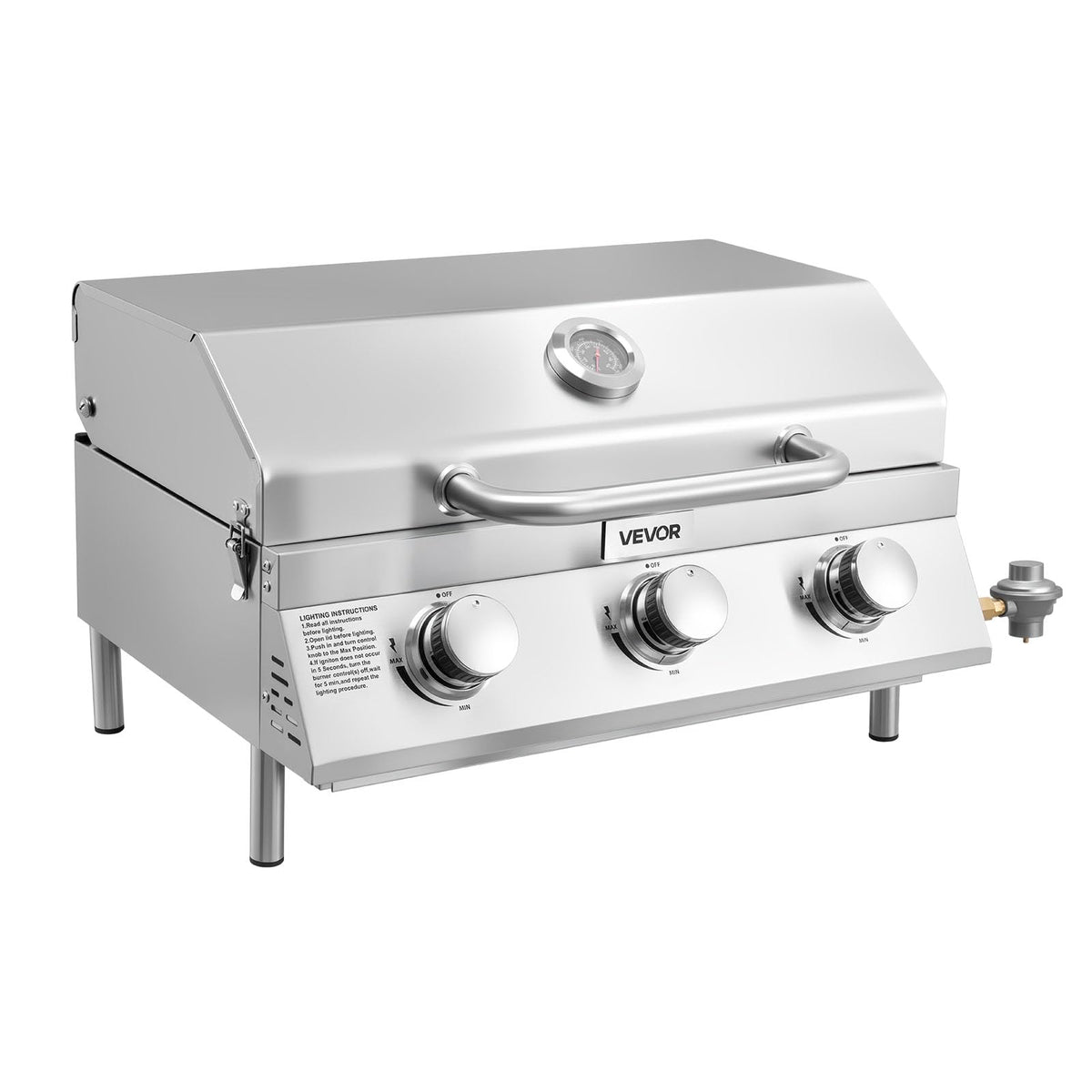 VEVOR Tabletop Gas Grill front view showcases three burners for fast, even heating