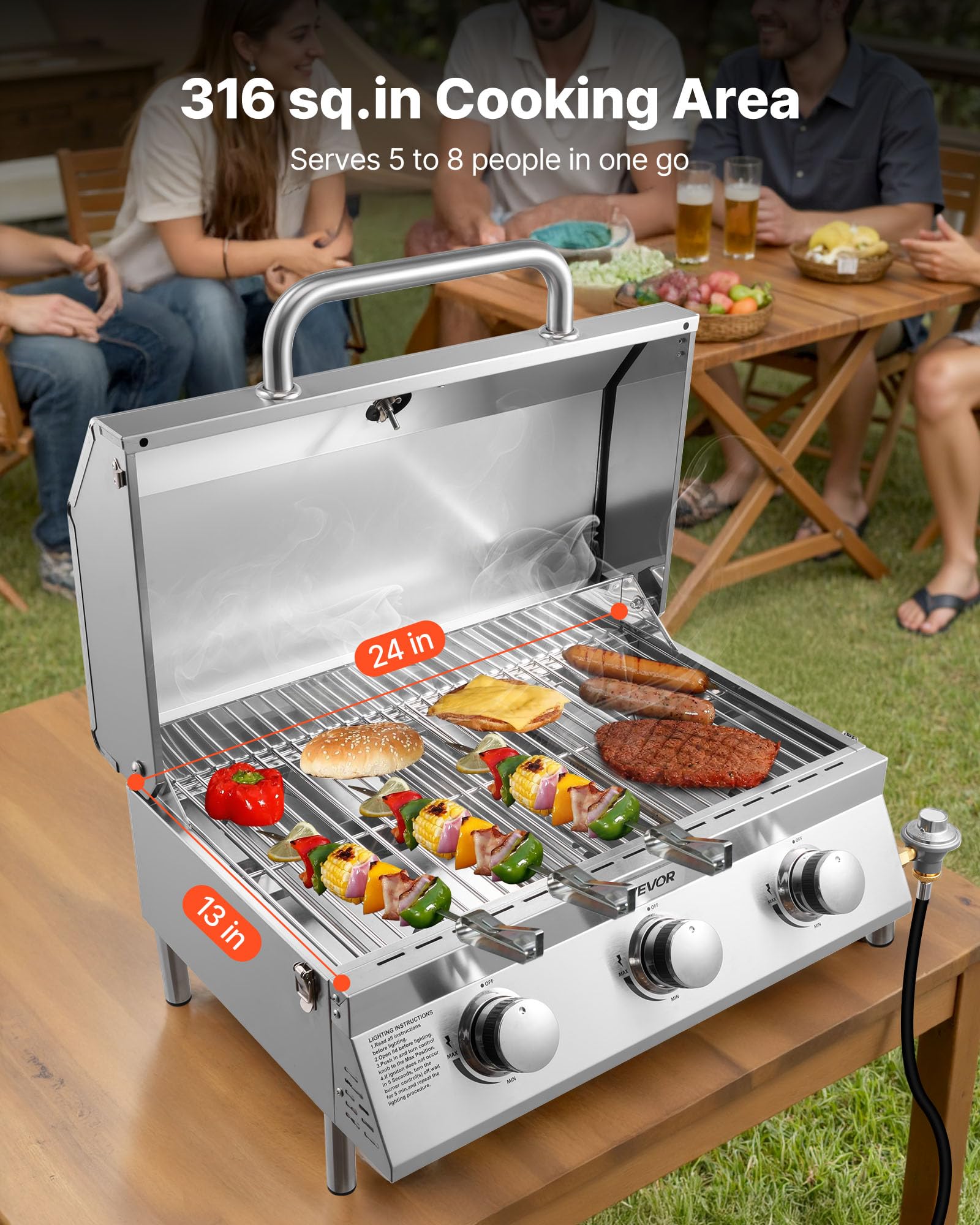 VEVOR Tabletop Gas Grill thermometer image shows built-in heat readings for precise control